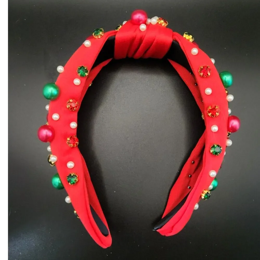 Red Christmas Color Baubles Fabric Knotted Headband Adult Size Holiday